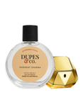 Dupes & Co perfume bottle with gold cap on a white background