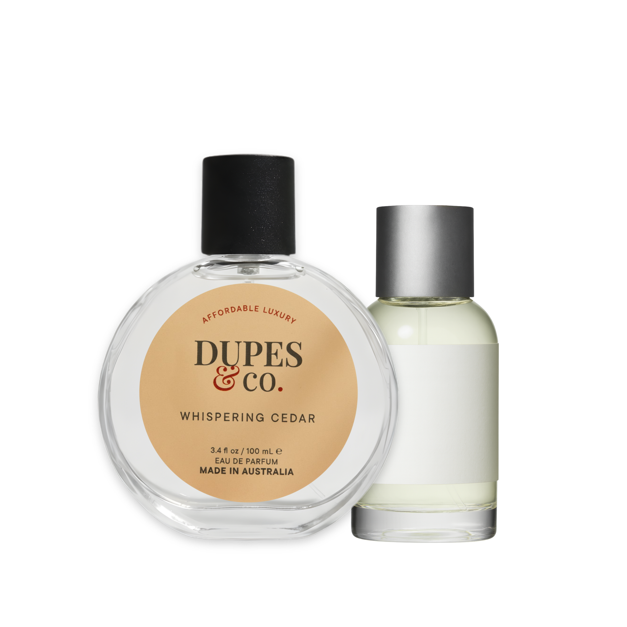 Two perfume bottles by Dupes & Co. on a white background