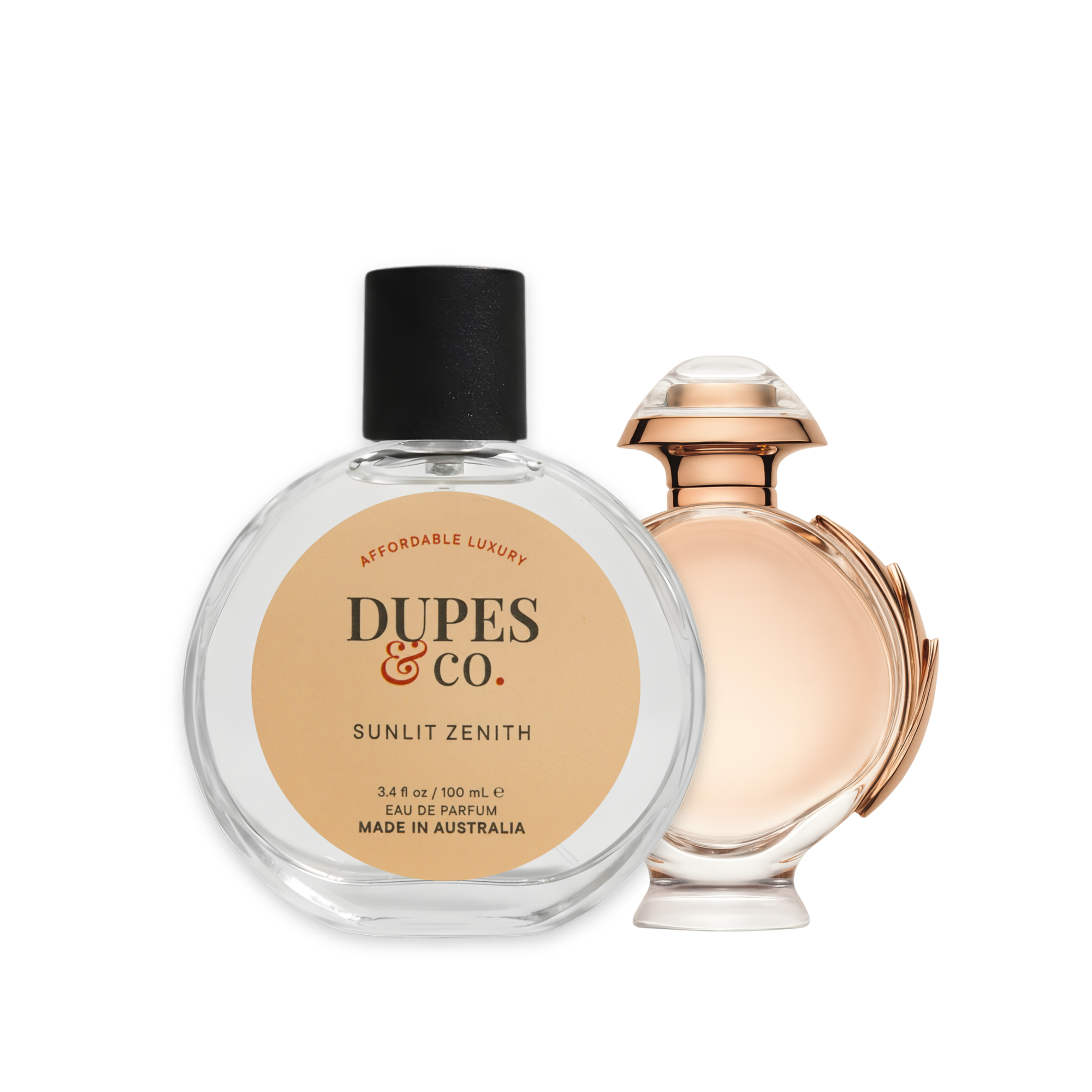 Two perfume bottles with 'Dupes & Co.' branding on a white background