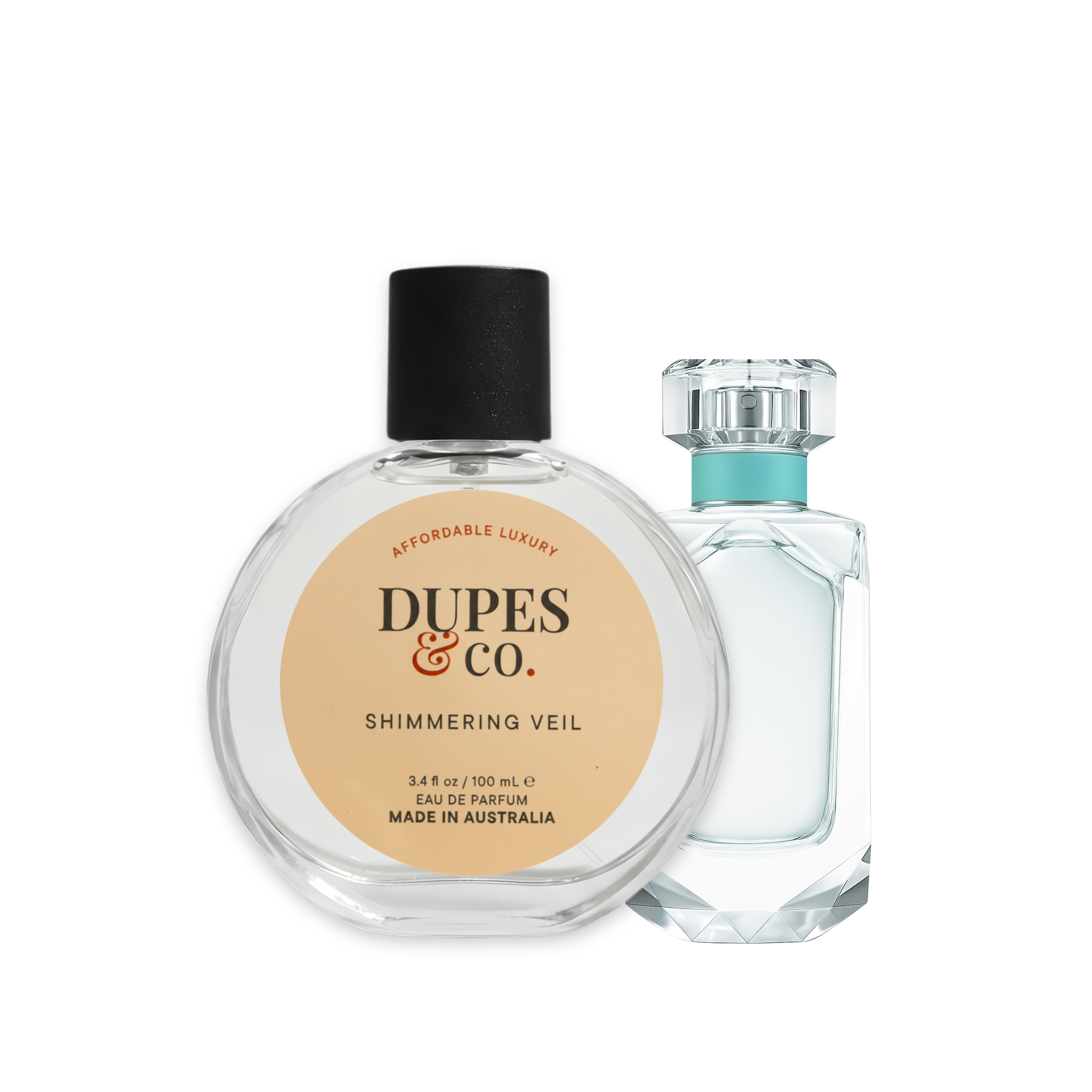 Two perfume bottles with 'Dupes & Co.' branding on a white background
