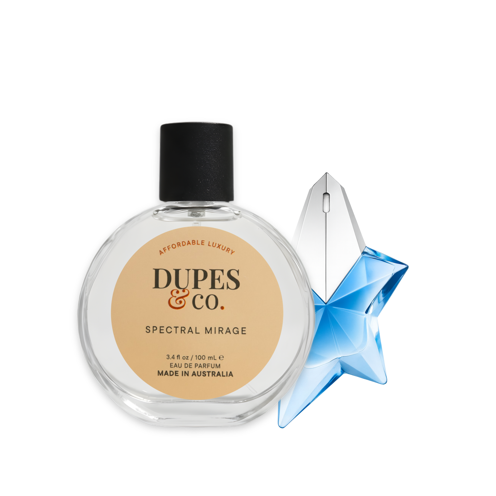 Dupes & Co. Spectral Mirage perfume bottle next to a blue star-shaped bottle on a white background