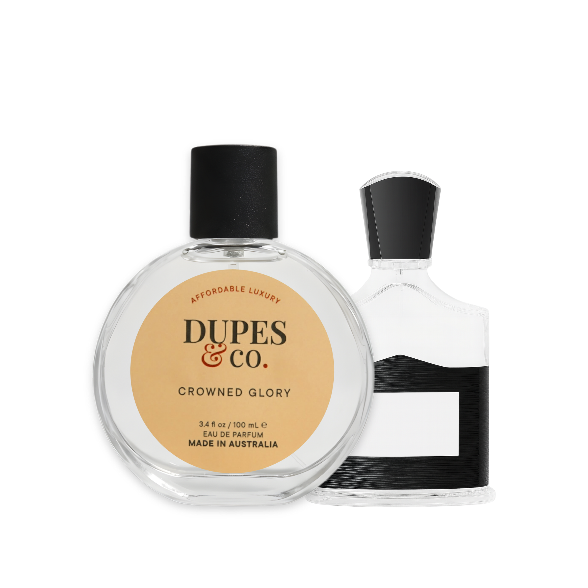 Dupes & Co. perfume bottle with a smaller perfume bottle and tag on a wooden surface.