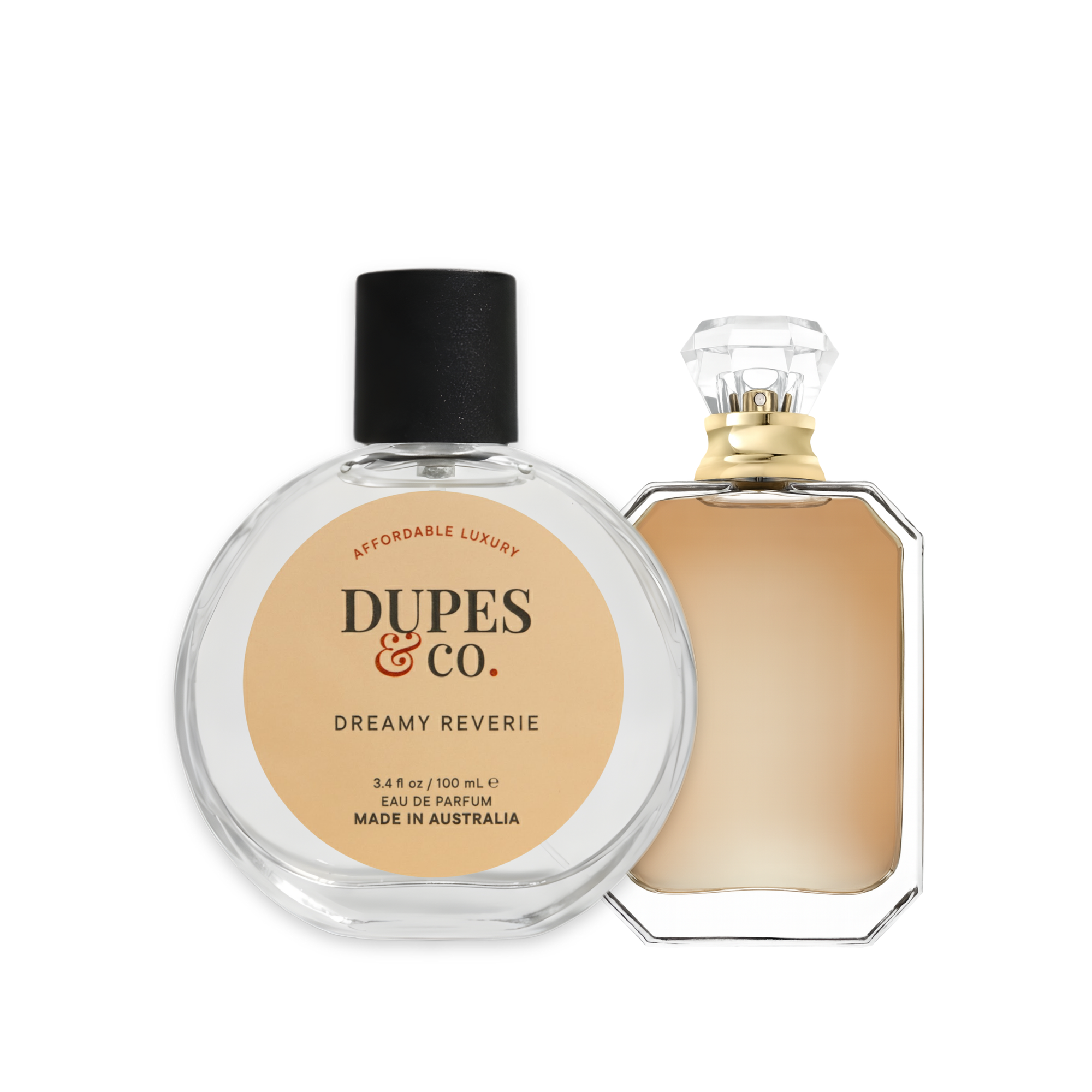 Two perfume bottles with 'Dupes & Co' branding on a white background