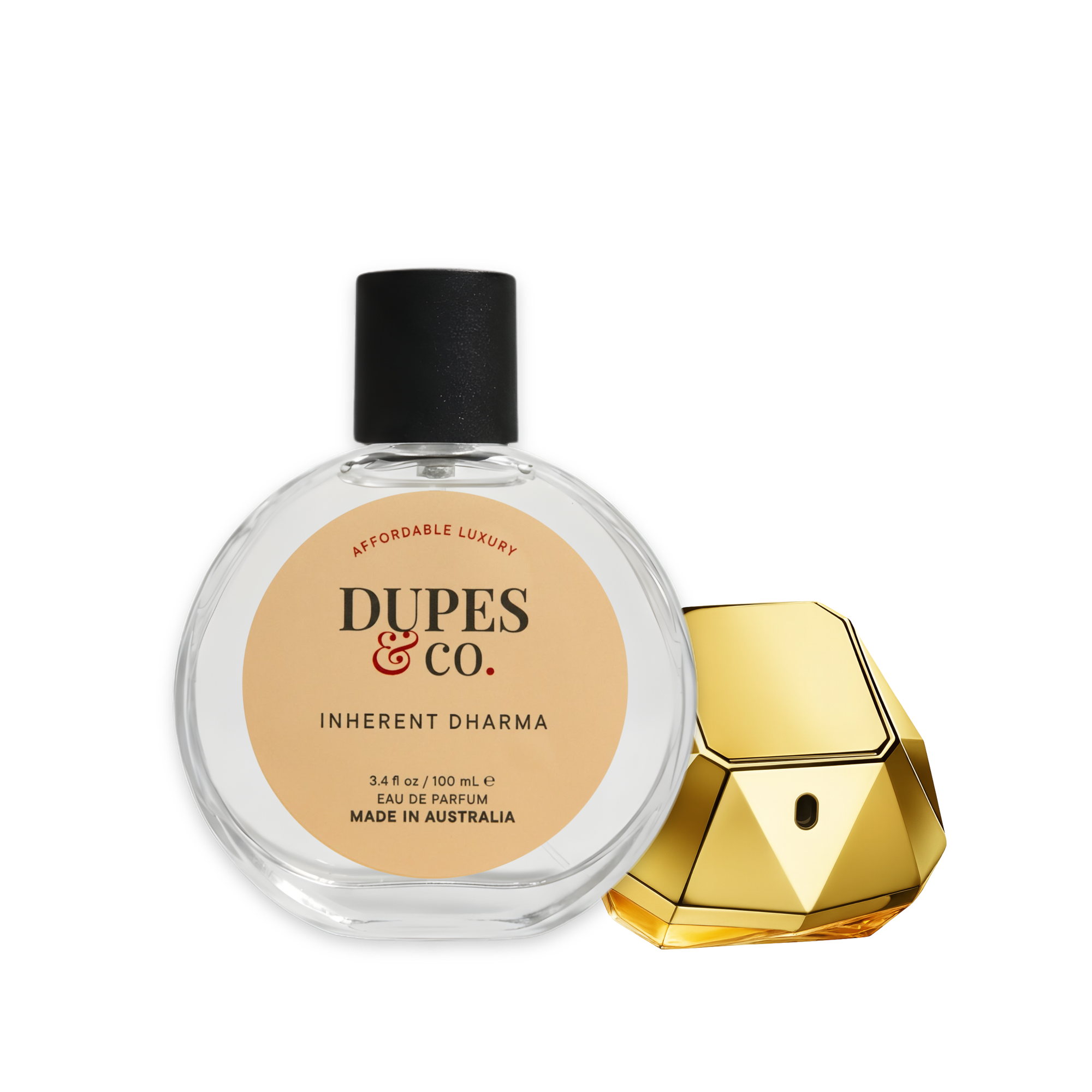 Dupes & Co perfume bottle with gold cap on a white background