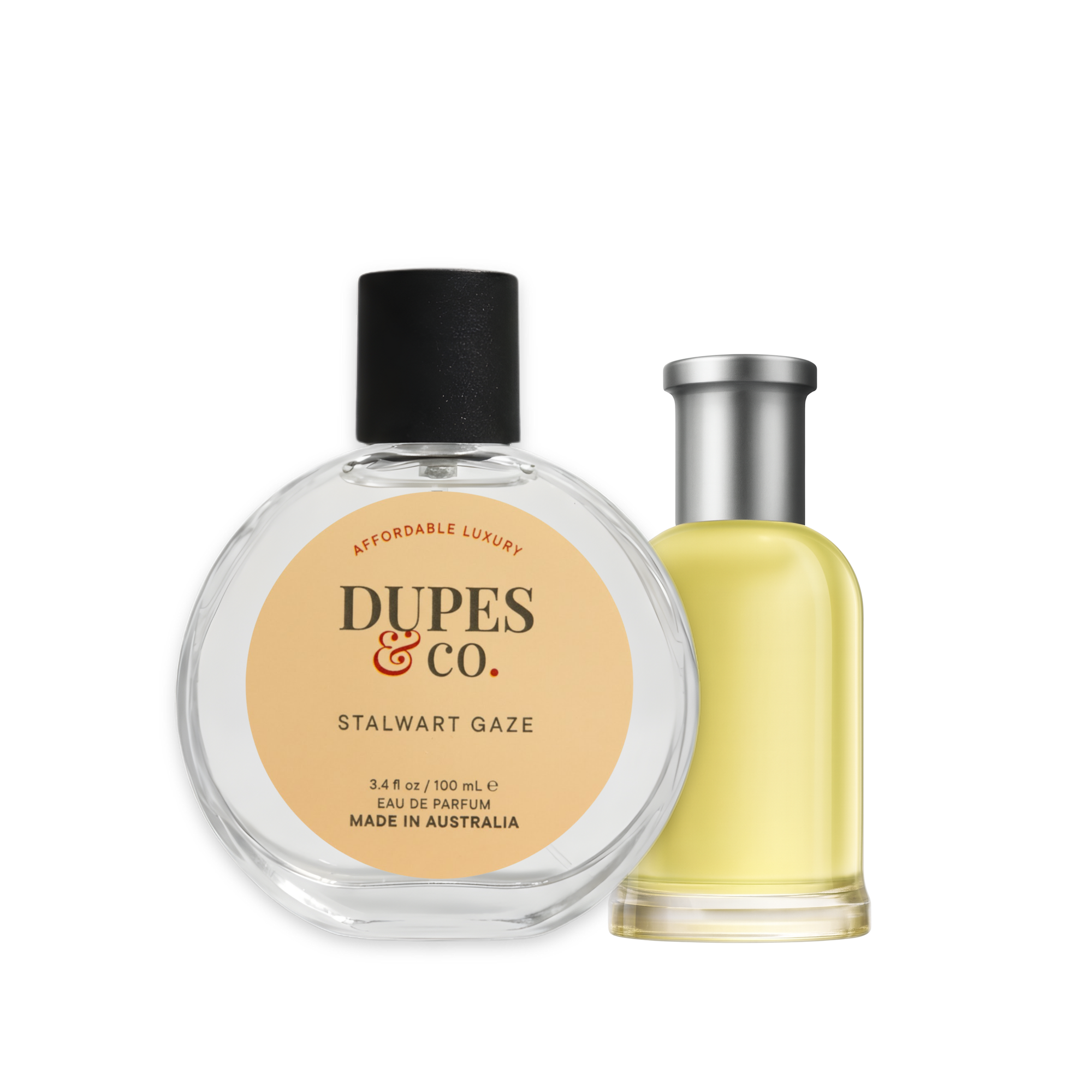 Two perfume bottles with 'Dupes & Co' branding on a white background